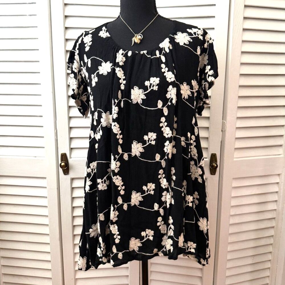 Black Floral Embroidered Open Back Shift Mini Dress Witchy Boho Size S